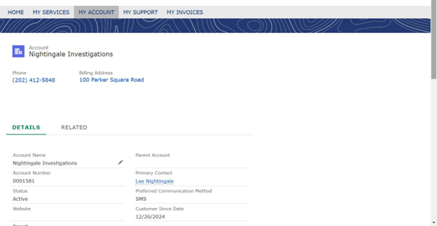 Customer Portal My Account screen showing account owner and billing details