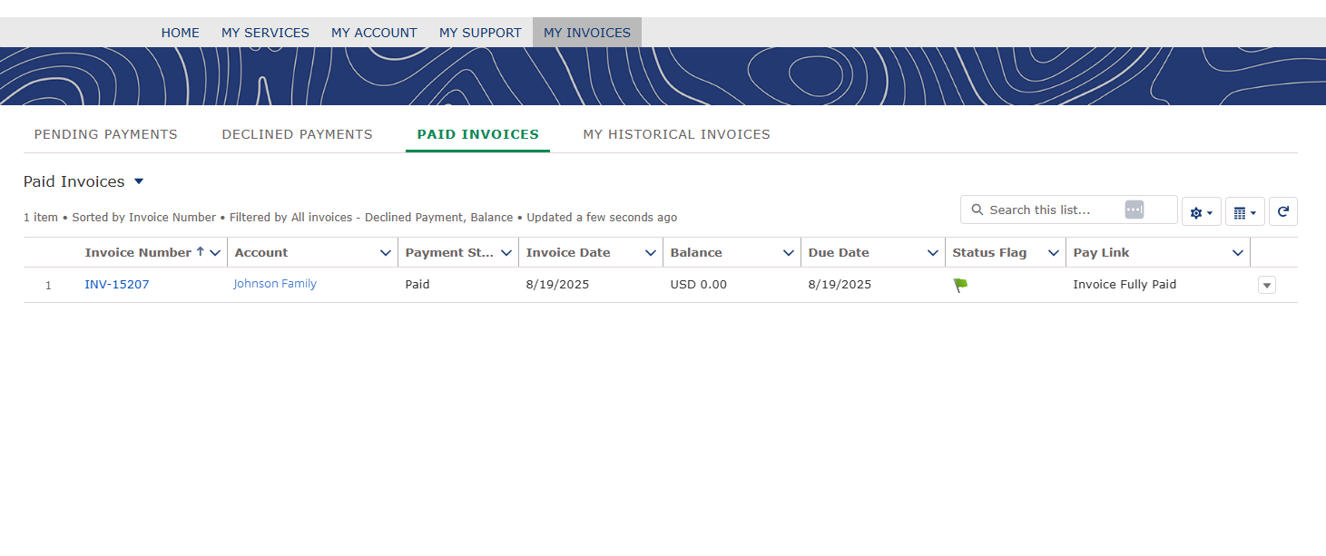 Customer Portal invoices list showing current and historical invoices